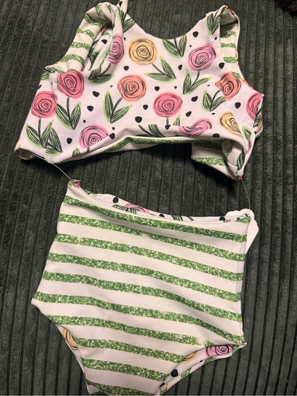 Brand New Handmade Double Sided Floral & Green Stripe Watermelon 2-Piece Swim